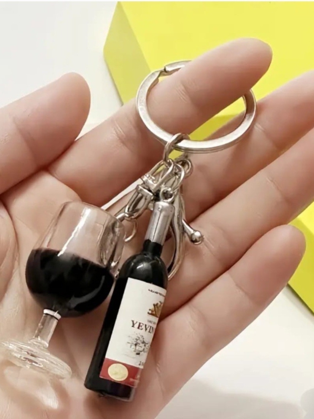 Wine Bottle & Glass Keychain Charm - Black and Clear